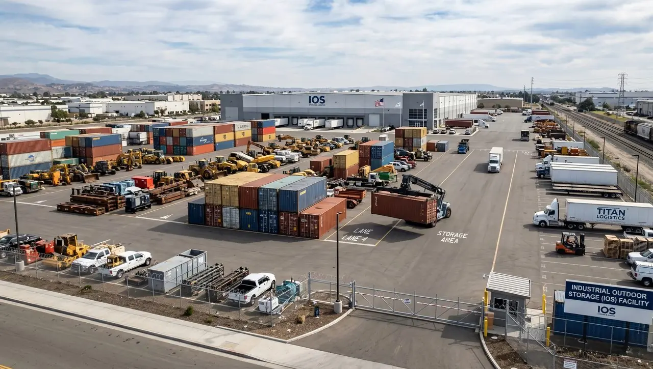 Aerial view of an Industrial Outdoor Storage (IOS) facility — a fenced and gated yard with stacked shipping containers, heavy equipment, semi-trailers, box trucks, and pickups arranged in marked lanes beside a cross-dock building and a rail line.